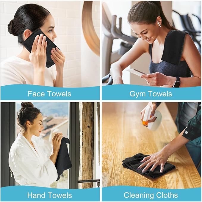 Orighty Wash Cloths, Face Towels 12x12 Inch 20 Pack | Soft Quick-drying Black Washcloths, Multi-Purpose Microfiber Face Cloths for Bathroom, Gym, Spa, Hotel, Travel