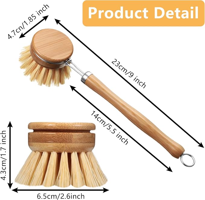 Patelai 8 Pieces Dish Brush with Wood Handle, Natural Dish Scrubber Brush Set Includes 7 Replacement Bristle Heads & 1 Bamboo Handle for Dishes, Pans, Pot, Fruit and Veggie