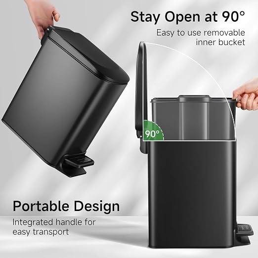 TIPGO Small Bathroom Trash Can with Lid, 1.6 Gal, Soft Close, Matte Black | Stainless Steel, 5.9'' Slim for Narrow Space, Foot Pedal, Soft Quiet Lid, Anti-fingerprint, Removable Inner Bucket, Odor Seal
