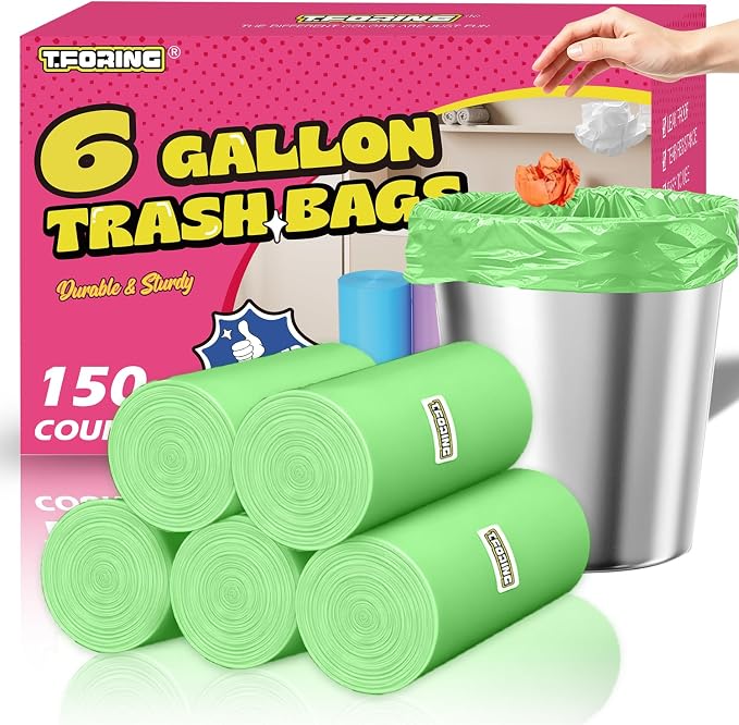 Medium 6 Gallon Trash Bags Unscented, 0.94 Mil, Green, 150 Count | 22 Liter Garbage Bag, Plastic Waste Basket Can Liners, Thick, Leakproof, Tear Resistant, for Bathroom Office Kitchen Bulk