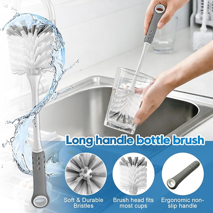 Bottle Brush Cleaner Set for Bottles, Cups and Straws Cleaning, 14 Pack | Long Handle Bottle Brushes | Sponge Brush | 3-in-1 Lid Cup Cleaning Brush | Straw Brushes in Assorted Diameters