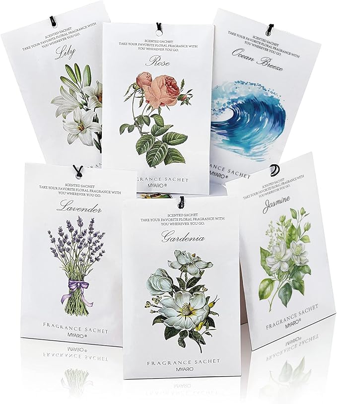 MYARO 12 Pack Assorted Floral Scented Sachets, Closet Deodorizer Freshener | Multi-Scent Lavender, Rose, Jasmine, Ocean, Gardenia & Lily, Odor Eliminator for Closet, Drawer, Car, Home Fragrance Gift Set