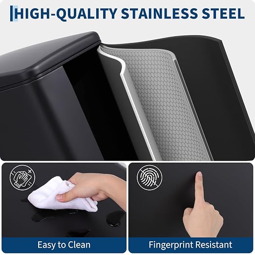 Slim Trash Can, 2.6 Gallon, Soft-Close Step Lid, Black | Stay-open function, removable inner bucket, liner ring, rear handle and fingerprint-resistant stainless finish