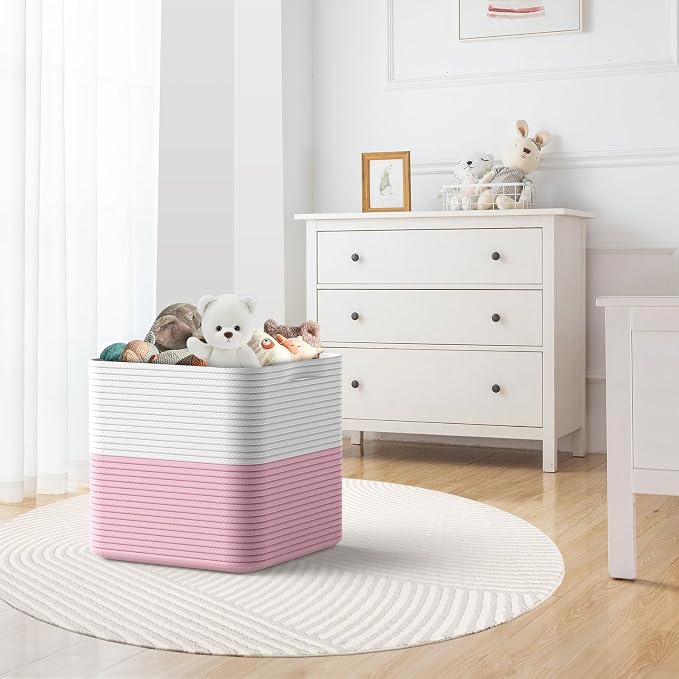 Storage Cotton Cubes 11 Inch, Woven Cotton Rope Storage Baskets for Toys Blanket Organizing, Storage Bins Decorative Organizer with Handles for Living Room Laundry Room Closet (3 Pack, Pink)
