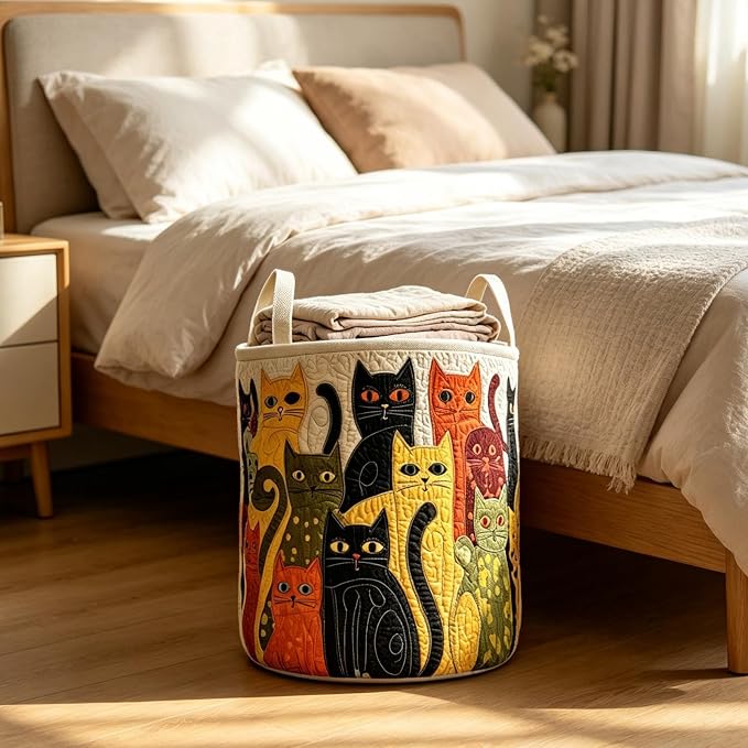 Quilted Laundry Basket, Cat Design Foldable Organizer Bin with Handles | Clothes Hamper Storage Basket, Laundry Storage Bag, for Bathroom Dorm Apartment Nursery Home