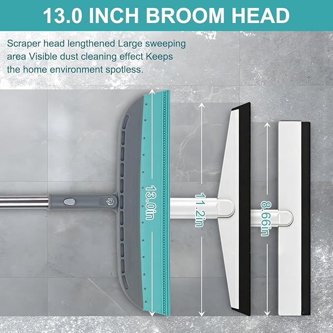 Multifunction Rubber Air Broom, Silicone Floor Squeegee Broom with 59" Long Handle, Scraping Broom for Floor Bathroom Kitchen Shower Tile Pet Hair Fur Marble Glass Water Window Foam Cleaning, Blue