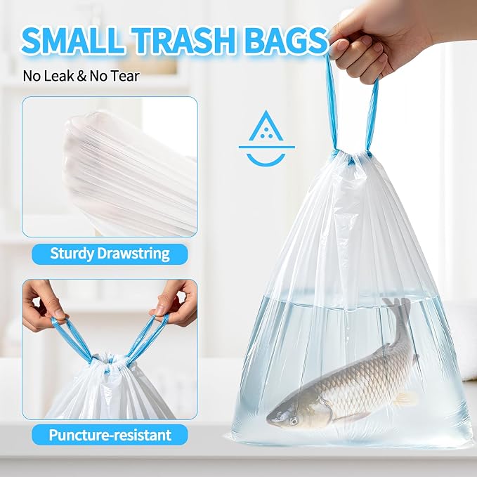 300 Count Small Drawstring Trash Bags, 2.6 Gallon (10L) Pre-separated Garbage Bags, Extra Thick Leak-proof Mini Wastebasket Liners for Bathroom, Office, Bedroom (White)