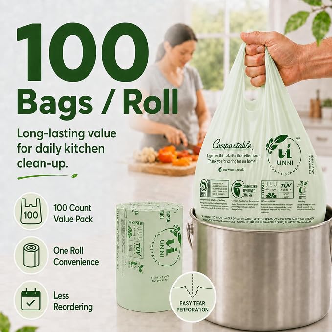 UNNI 2.6 Gallon Compostable Bags with Easy-Tie Handles, 10 Liter, 200 Count | Small Compost Bags for Countertop Bins & Kitchen Food Scraps, 2 Packs of 100, Certified by BPI, CMA & OK compost HOME
