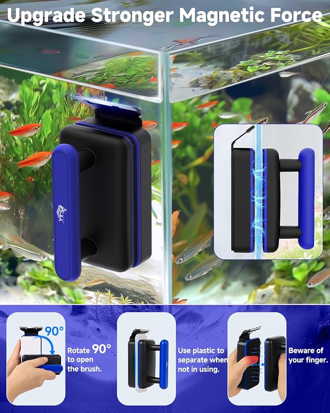 AQQA Aquarium Glass Cleaner, Double Side Algae Scraper with 2 Blades | Magnetic Fish Tank Cleaner, Self Floating Glass Scrubber Brush, for Up to 1.0 Inch Thick Glass & Acrylic Aquarium Tanks