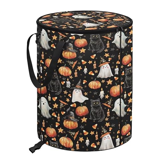 doginthehole Halloween Spooky Ghost Trash Can Outdoor Event Cute Black Cats Pumpkin Large Collapsible Trash Can with Lid Storage Bag Pop Up Trash Cans for Party Supplies, Halloween Decorations