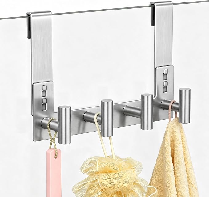 PMMASTO Long Shower Hanger for 3/8 Inch Glass, Silver- 4 Hooks, T Shape | Stainless Steel Hooks Organize Towels And Robes on Frameless Glass Shower Doors in Bathrooms