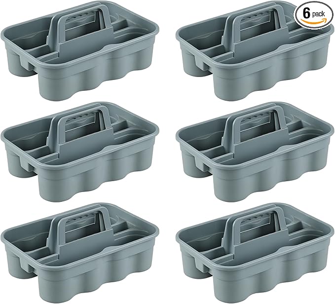 Cleaning Caddy Organizer with Handle, 6-Pack Caddy Basket | Portable All-Purpose Basket for Cleaning Supplies, Shower, and Laundry, Grey, Plastic, Stackable, Easy-Carry Grip