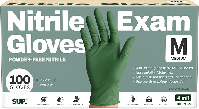 SUP Powder-Free Nitrile Exam Gloves, 100 Count Food Safe Latex-Free Disposable Gloves for Medical Lab Cooking Cleaning, Green