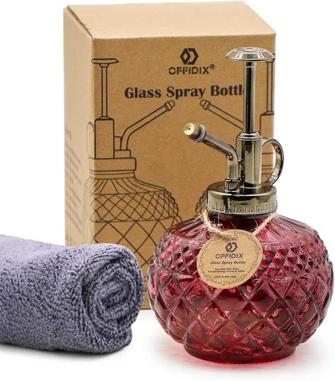 OFFIDIX Plant Mister, Amaranth Glass Decorative Vintage Spray Bottle 10 oz | Glass Mister with Plastic Pump, 300ML Small Watering Can Decorative for Indoor Outdoor Succulent Garden Cleaning Empty Bottle