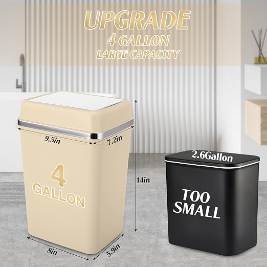 Bathroom Trash Can with Lid 4 Gallon Trash Can Beige Trash Can with Swing Lid Small Garbage Can with 150 Counts Trash Bags for Bathroom Bedroom Office Restroom Dorm
