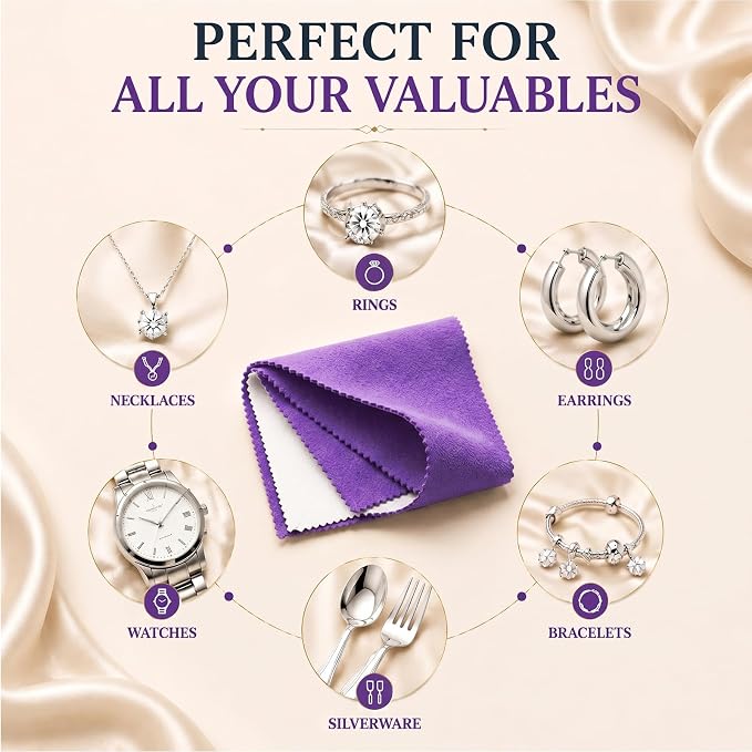 Bonison 4 Pack Large Silver Polishing Cloth – 10"x12" Jewelry Cleaning Cloth & Multi-Layer Jewelry Polishing Cloth for Silver, Gold, Diamond, Platinum, Coins, Watches, Gemstones (Purple)