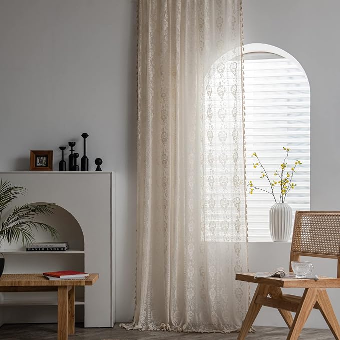 Sutuo Home Boho Kitchen Curtains Crochet Florals Embroidery, Bohemian Sheer Lace Curtains Handmade Knitted Tassels Vintage Chic Farmhouse Drape for Nursery Bedroom Rod Pocket 1 Panel 59" W x 63" L