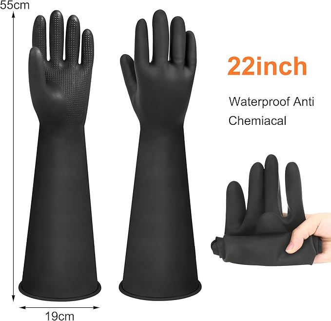 22" Upgraded Latex Gloves Chemical Resistant Glove Safety Work Long Gauntlets, Reusable Heavy Duty Long Rubber Gloves Dishwashing Gloves, Industrial Safety Gloves for Men