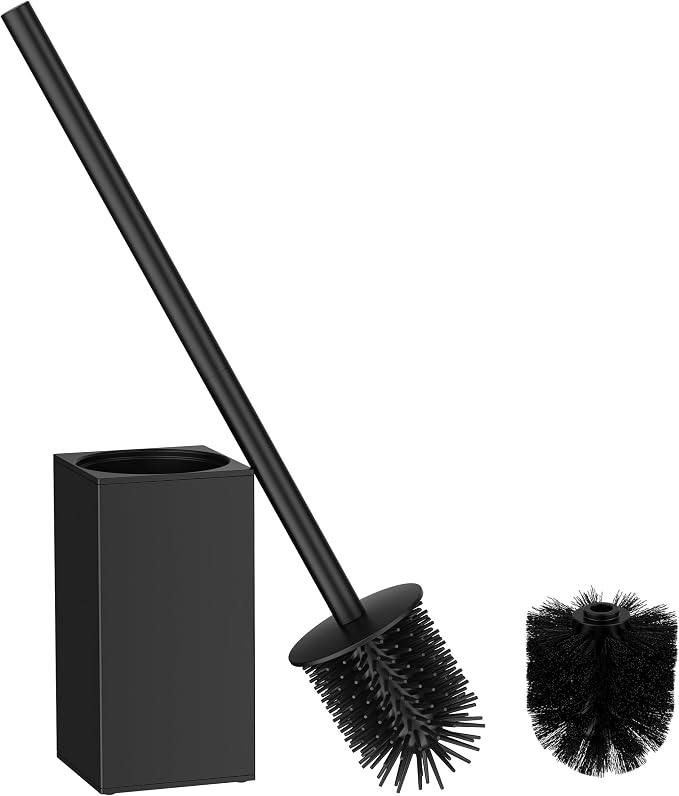 FORIOUS Stainless Steel Toilet Bowl Brush Scrubber and Holder Set Short | Black, Extended Handle, Removable Inner Bowl, Stable Splash Guard, Steel Joint, Scratch‑Resistant Bristles, for Bathroom RV