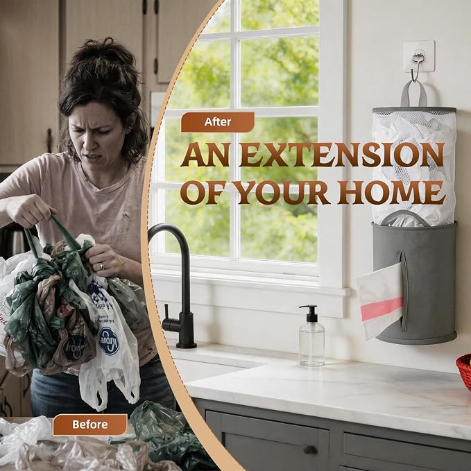 HOUSE AGAIN Bag Saver-Extra Large Plastic Bag Holder Dispenser, Organizer for Grocery Trash Roll,Oxford Machine Washable-Daily Storage Solution for Kitchen/Bathroom/Laundry (Deep Grey-1 Pc)