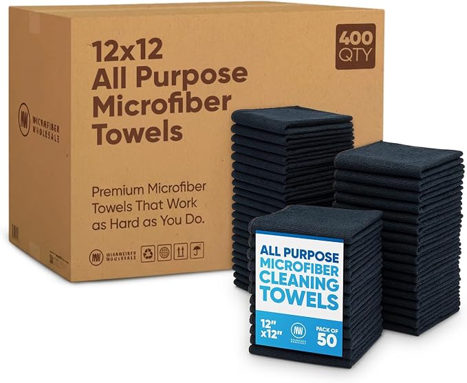 Microfiber Wholesale Bulk Black Microfiber Towels 12" x 12" Case of 400 – High-Density All-Purpose Cleaning Cloths for Car Washes, Auto Shops & Professional Cleaning – No Fraying Reusable Long-Lasting
