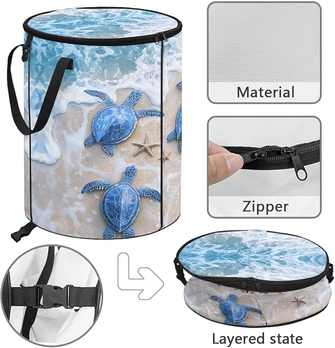 Beach Turtle Collapsible Trash Can – Portable Foldable Garbage Bin for Camping, Picnic, Beach Trips, Heavy Duty 24 Gallon Waterproof Outdoor Trash Bag Holder with Carry Handle