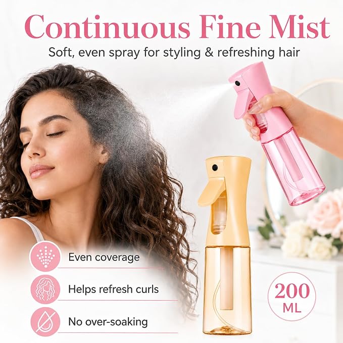 3 Pack Spray Bottles, Continuous Mist Sprayer, Water Spray Bottle for Hair, Hair Mister, 200ml x2 + 30ml Refillable Fine Mist Set - for Styling, Plants, Cleaning & Home Use (Pink & Yellow)