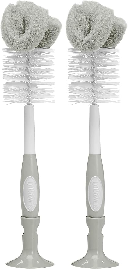 Dr. Brown's Reusable Sponge Baby Bottle Cleaning Brush with Suction Cup Stand, Scrubber and Nipple Cleaner, BPA-Free, Gray, 2-Pack