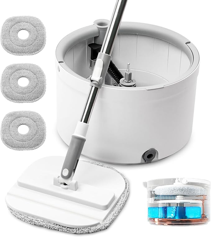 Spin Mop and Bucket with Wringer Set, Clean/Dirty Water, 3 Pads, 52" Handle | 360° Spinning Mop System with Separate Clean & Dirty Water Bucket & 3 Microfiber Pads for Floor & Wall Cleaning