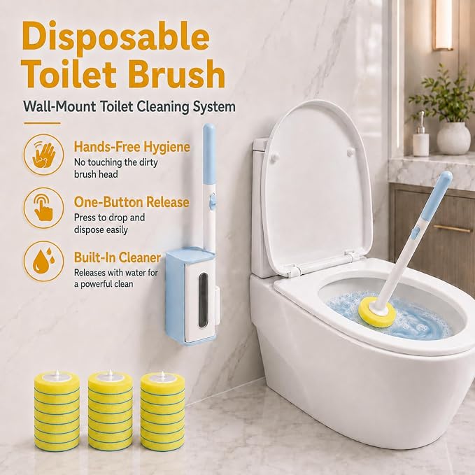 Disposable Toilet Bowl Cleaner Wand and Holder Set, Wall-Mounted | Hands Free Toilet Scrubber Wand, Bathroom Cleaning Supplies, 1 Wand and 1 Holder with 24 Yellow Refills, Light Lemon Scent