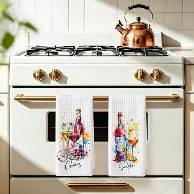 2 Pcs Graffiti Wine Kitchen Towels, Italian Gifts Reusable Dish Towels | Waffle Weave Hand Cloth Tea Towel for Kitchen Bathroom Home Decor, Wine Lover Gifts for Women Mom Friend 24x14 Inch