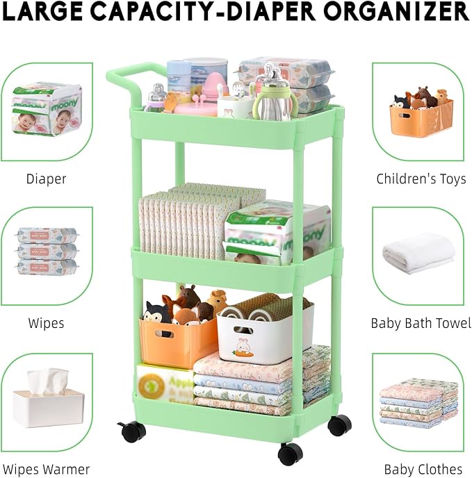 Volnamal Diaper Caddy, 3 Tier Rolling Cart for Baby Essentials, Green | Movable & Easy Assemble Cart for Newborn Nursery Essentials, Diaper Storage Organizer for Changing Table&Crib, Baby Registry