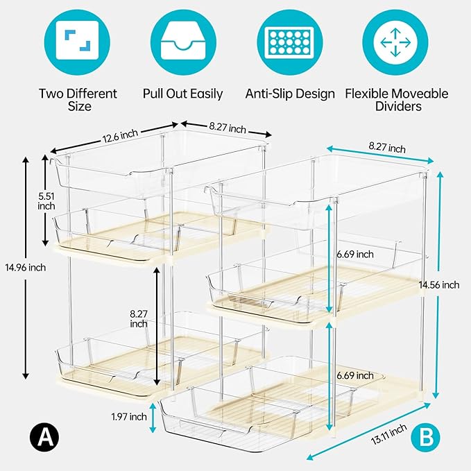 Delamu 2 Pack 3-Tier Bathroom Under Sink Organizers and Storage, Multi-Purpose Stackable Pantry Organization and Storage, Pull Out Clear Kitchen Bathroom Cabinet Organizer with Movable Dividers, Beige