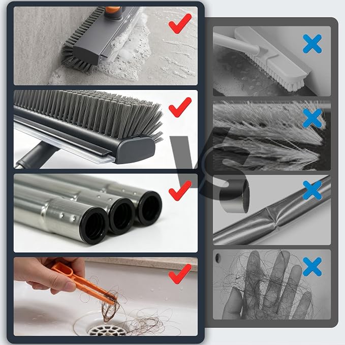 Masthome 3 in 1 Floor Scrub Brush with Long Handle 53.7" | Adjustable Heavy Duty Stiff Bristle Scrubber with Squeegee & Tweezer, 360° Rotating Head for Bathroom, Garage, Deck, Floors