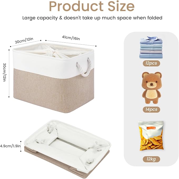 16x12x12 In Foldable Fabric Large Storage Bins with Handle 1 Pack | Storage Basket with Draw String Top, Sturdy Metal Strand, Cardboard Support Molding, for Shelf, Closet, Bedroom, White/Khaki