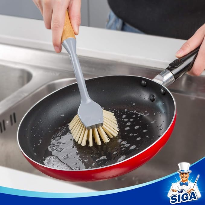 MR.SIGA Dish Brush with Bamboo Handle Built in Scraper, Pack of 2 | Scrub brush for dishes, pans, pots, kitchen sinks cleaning, dish scrubber with handle, safe for non stick cookware