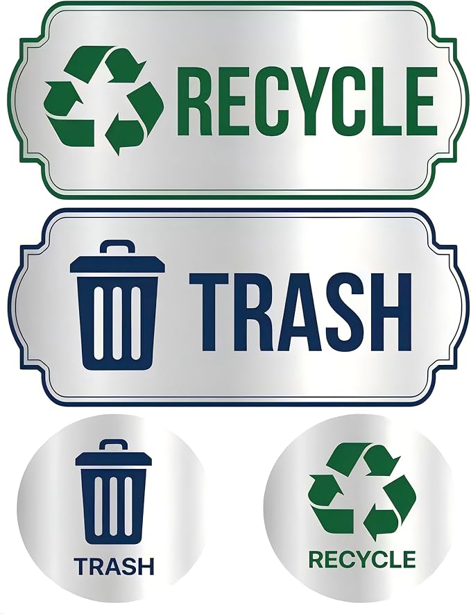 Recycle Stickers for Trash Bins 4Pcs, Waterproof Trash and Recycle Stickers | Self-Adhesive Sticker for Home, Office, Hotel, Apartment, School, Recycling Signs for Indoor/Outdoor Garbage Can