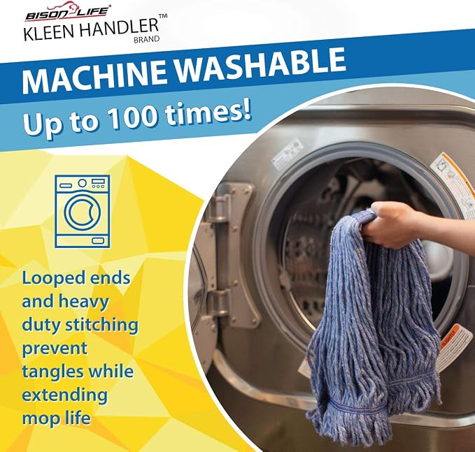 KLEEN HANDLER Heavy Duty Commercial Loop End Mop Head Replacement, 1 Pack | Wet Industrial Cotton Looped-End String Mop Head Refill with Universal Headband for General Floor Cleaning