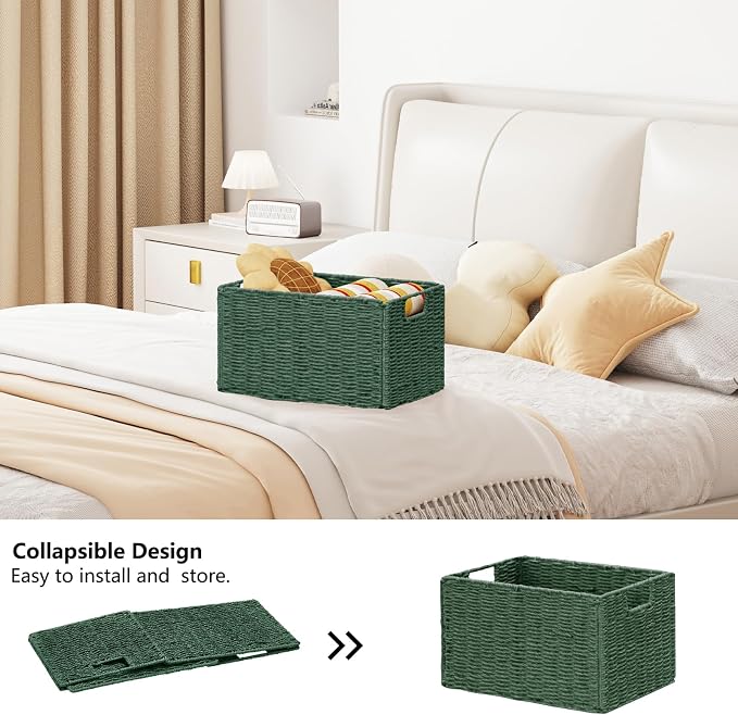 Vagusicc Large Wicker Storage Basket, Collapsible Baskets for Organizing | Set of 2 Hand-Woven Paper Rope Wicker Basket, 17"x 12" Closet Organizers and Storage with Handles Home Organization, Green