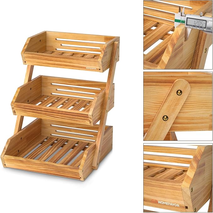 G.a HOMEFAVOR Wooden 3 Tier Fruit Basket, Brown, Pine Wood, Sturdy, Self-assembly | Large Pine Wood Fruit Bowl for Kitchen Countertop, Vegetable Storage and Home Organizer