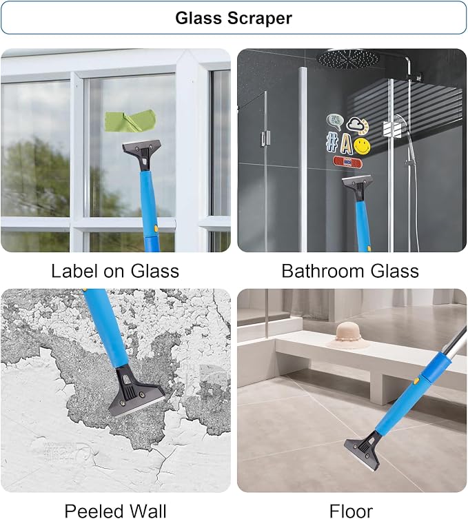 Window Squeegee Cleaner with 4 Stainless Steel Extension Poles,Long Reach to 58inch, Scrubber, Glass Scraper, Bendable Duster, 2 Scrubber Cloth for Window, Car, Professional Cleaning Kit