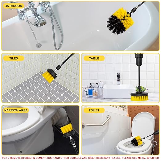 Drill Brush Attachment Set - 4 Piece Cleaning Kit for Bathroom Surfaces, Grout, Floor, Tub, Shower, Tile, Kitchen and Car - Electric Multi-Purpose Scrubber