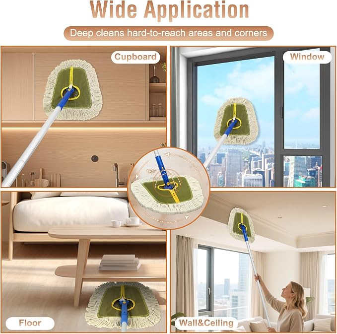 SOBONNE Commercial Dust Mop for Floors Cleaning Heavy Duty | 61"Long Handle Floor Duster|2 Washable Wedge Cotton Mop Pads|Dry Mop Broom for Walls Cleaner,Hardwood,Tile,Vinyl|Green