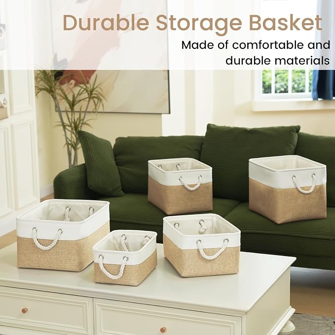 15x11x10 In Foldable Fabric Large Storage Bins with Handle 6 Pack | Organizer Baskets, Sturdy Metal Strand, Cardboard Support Molding, Storage Baskets for Shelves, Closet, Bedroom, White/Khaki