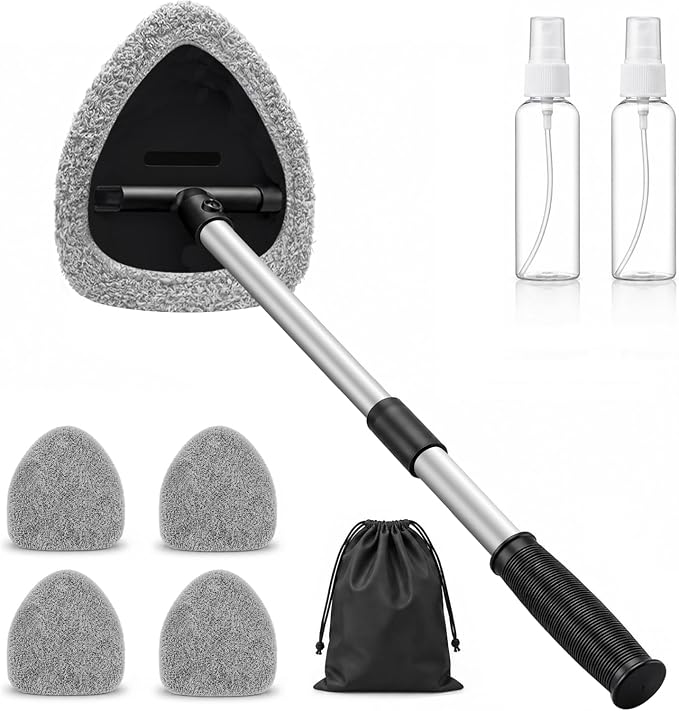 25.5" Extra-Long Reach – Super Absorbent Coral Velvet Windshield Cleaner Tool, Streak-Free Windshield Cleaning Tool Kit with 5 Pads, 2 Spray Bottles & Storage Bag for Auto Glass & Home Windows, Gray