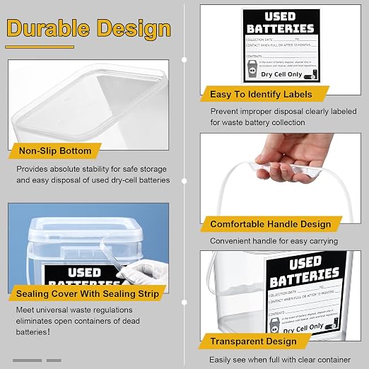 Baderke 2 Pack Battery Recycling Disposal Container with Label, Transparent | 1.32 Gallon Capacity, Battery Recycling Container with Label, Used-dry-cell Battery Storage Organizer, for Household, Office