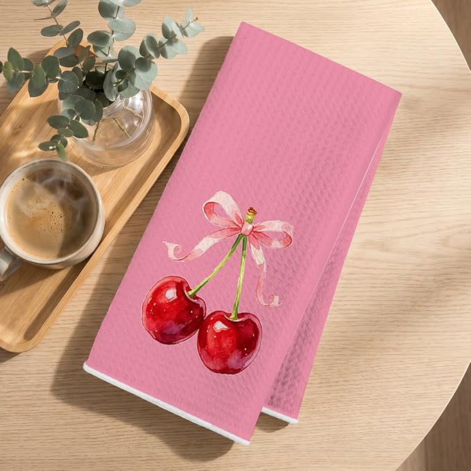 4 Pcs Cherry Hand Towels for Bathroom, Pink Preppy Bow Reusable Dish Towels | Waffle Weave Hand Cloth Tea Towel for Kitchen Bathroom Decor, Cherry Gifts for Women Friend 24x14 Inch