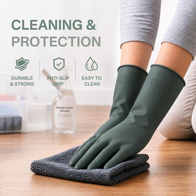 Cleaning Rubber Gloves, Waterproof Non-Slip Long Cuff Dishwashing Household Kitchen Gloves