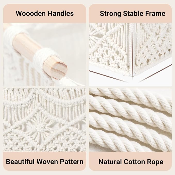 Nonam 2pc Macrame Storage Baskets, Boho Woven Boxes for Home, Weave White | Handcrafted macrame storage boxes. Stylish boho decor for shelves, toilet tank & cabinets. Durable, versatile & chic.
