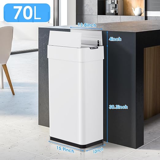 Arlopu 18.5 Gal Automatic Trash Can, 70L Motion Sensor Garbage Bin | Touchless Brushed Stainless Steel Wastebasket, W/Butterfly, Soft-Close Lid, for Living, Dinning Room, Kitchen (White)